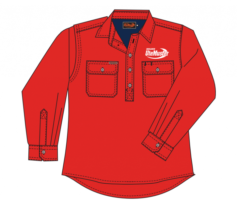 Mens Red Long Sleeve Work Shirt White Logo Deni Ute Muster