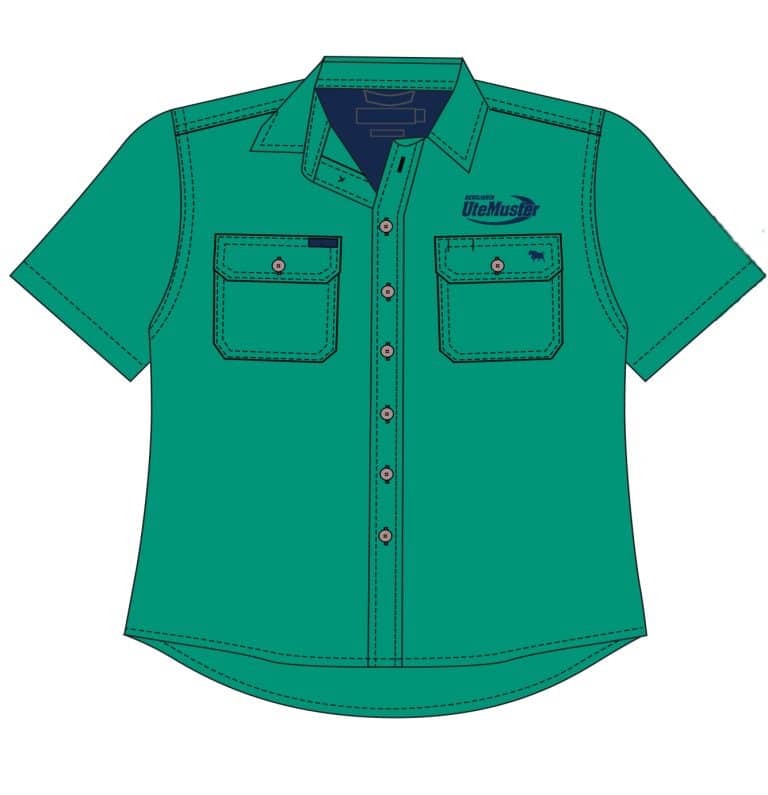 Mens Green Short Sleeve Work Shirt Full Button Deni Ute Muster