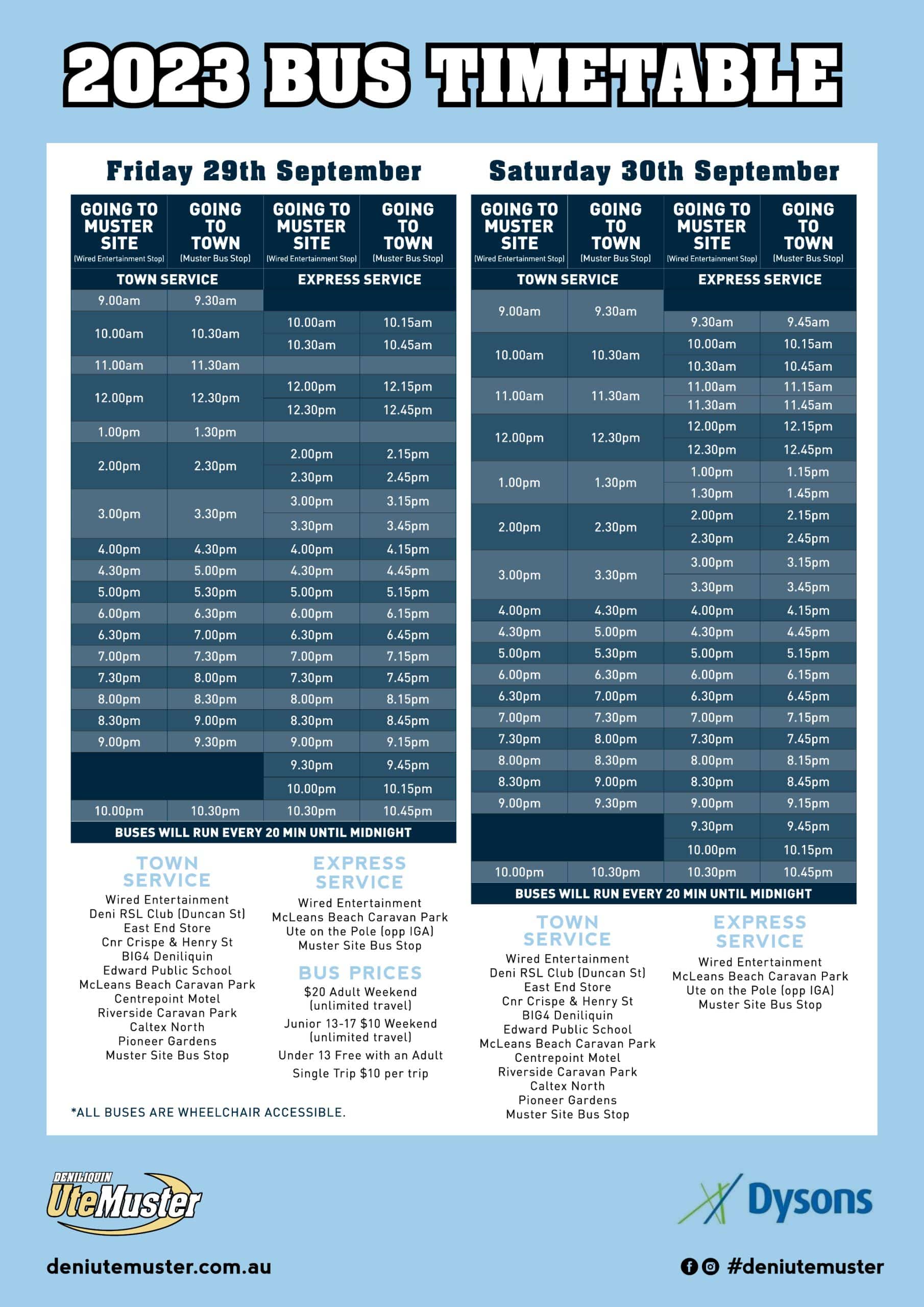 Deni Ute Muster 2023 Bus Timetable A4 Poster
