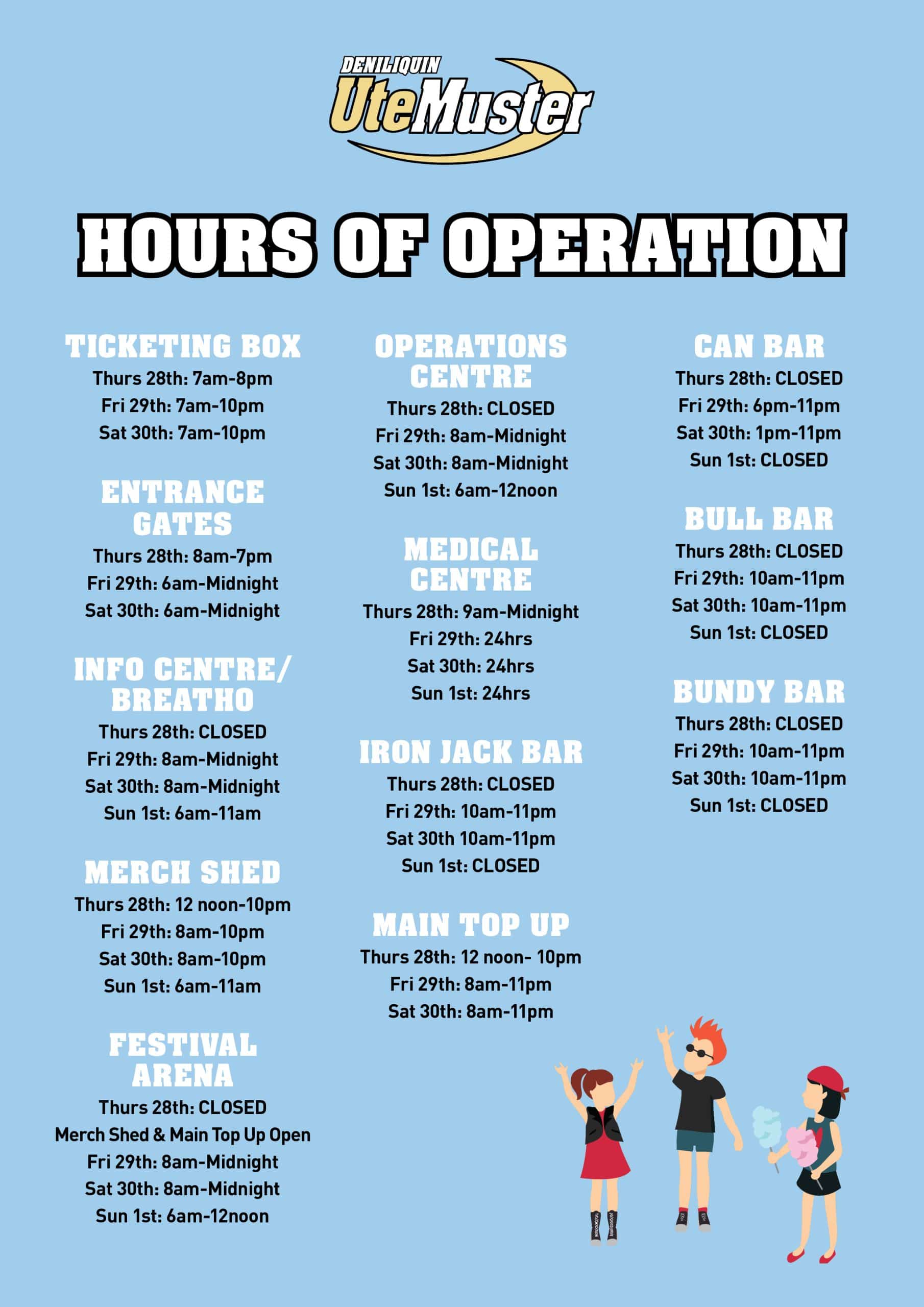 Deni Ute Muster 2023 Hours Of Operation A4 Poster