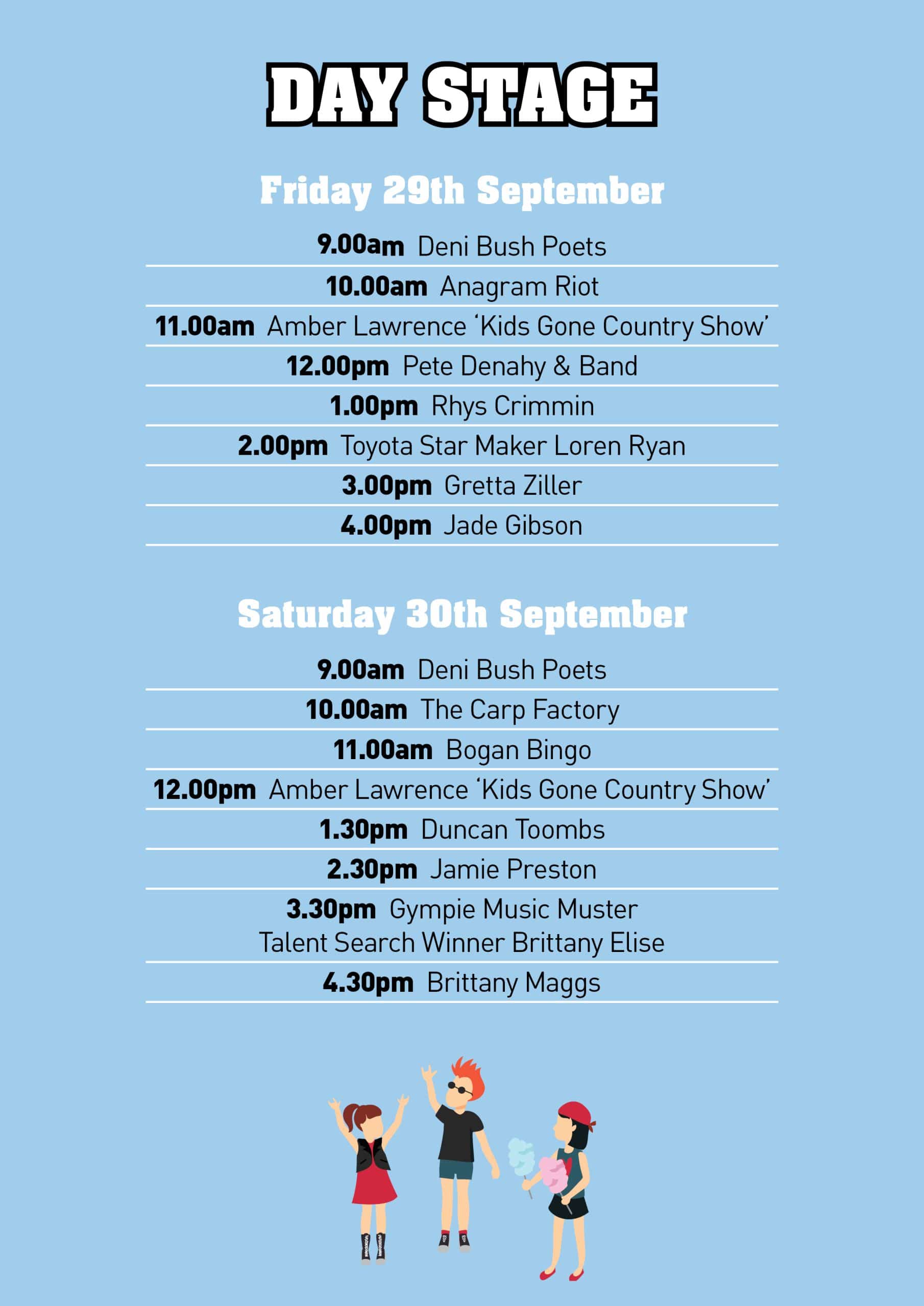 Deni Ute Muster 2023 Artist Playing Times A4 Poster Day Stage