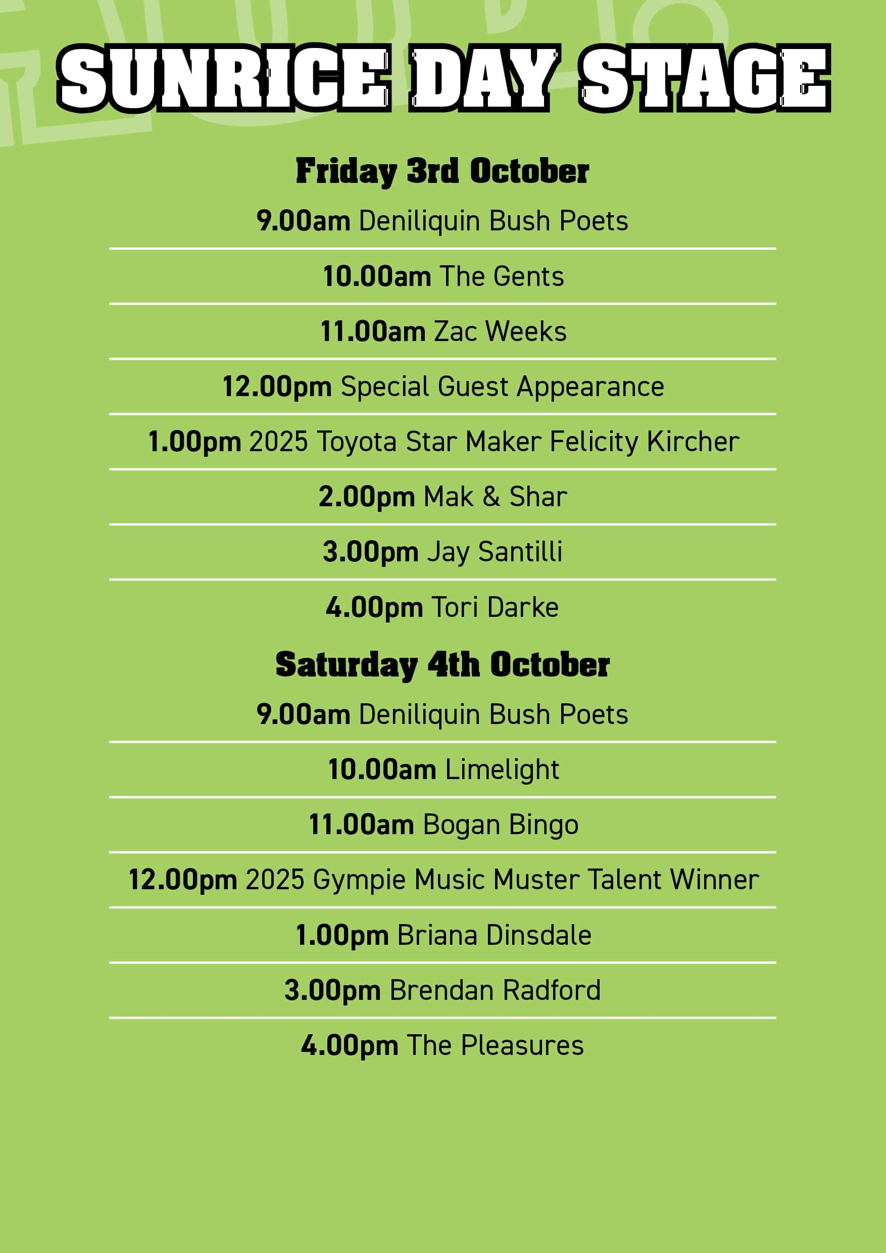 Day Stage Times Updated