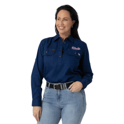 LADIES NAVY LONG SLEEVE WORK SHIRT - HALF BUTTON