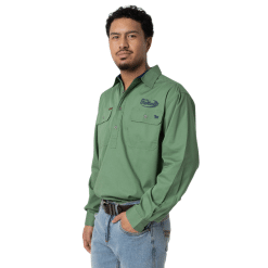 MENS CACTUS GREEN LONG SLEEVE WORK SHIRT - HALF BUTTON